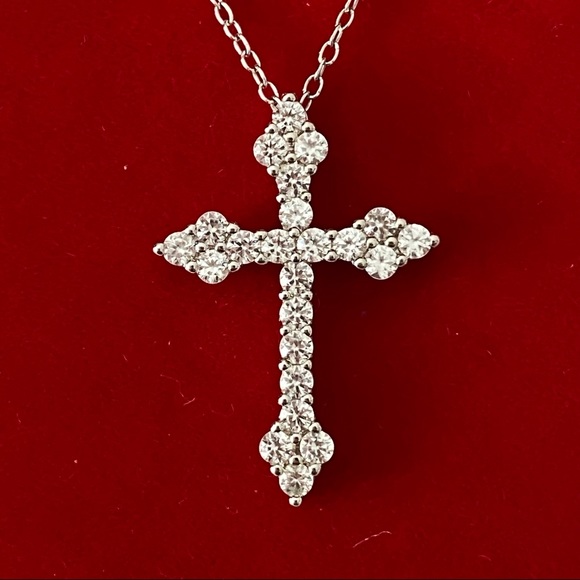 14k white gold over 925 white lab sapphires Cross necklace - Picture 3 of 16